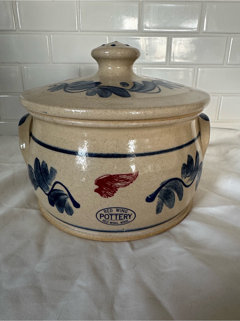 Red Wing Pottery Blue Floral Covered Crock
